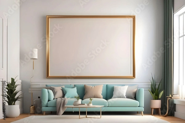 Fototapeta Mockup frame on the wall of living room. Luxurious apartment background with contemporary design. Modern interior design. 3D render