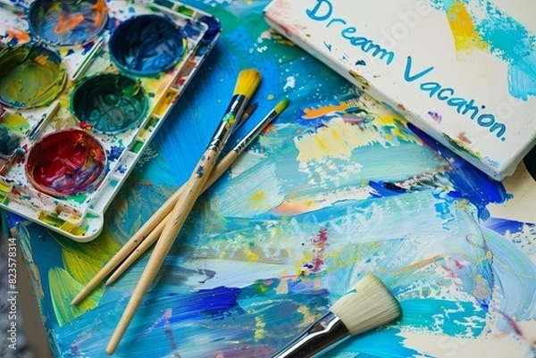 Fototapeta Colored paint palette. Brushes lie scattered around it, dipped in vibrant hues of blue, green, and yellow. A single canvas sits blank beside it, a title scrawled across the top: "Dream Vacation"
