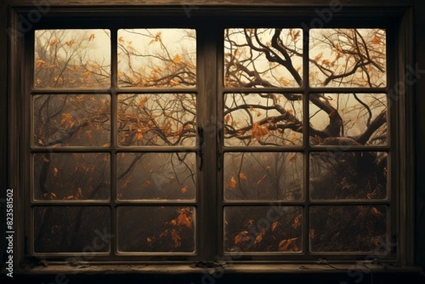 Fototapeta Vintage window frames a misty autumn scene with golden leaves and bare branches