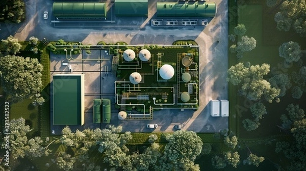 Fototapeta Top view of an in-progress hydrogen storage facility, highlighting green hydrogen energy advancements, detailed construction scene