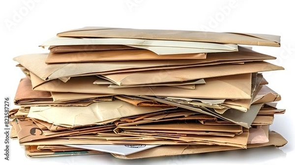 Fototapeta Pile of various envelopes isolated on white background with clipping path, A large stack or pile of letters and envelope.
