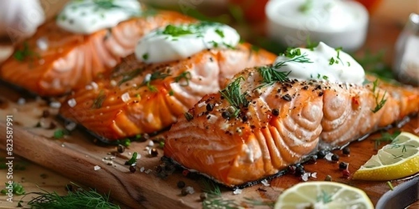 Obraz Closeup of cooked salmon filet with sour cream and dill. Concept Food Photography, Close-up Shots, Seafood Dish, Cooking Presentation