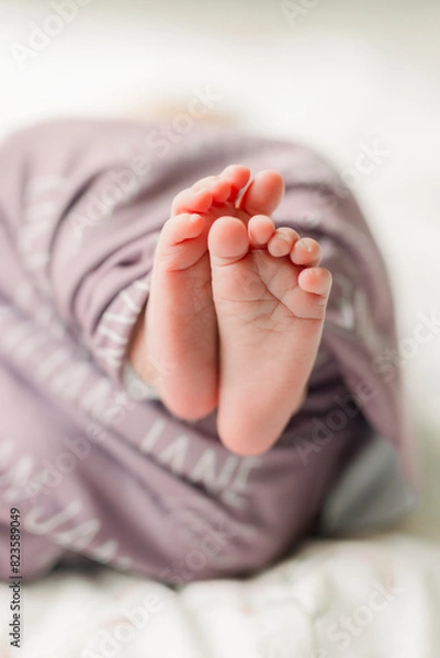 Obraz A newborn baby is sleeping with her feet curled up in a blanket. 