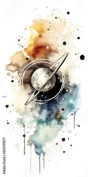 Fototapeta Abstract watercolor painting of a planet with rings and cosmic elements, blending vibrant colors and celestial themes in artistic expression.