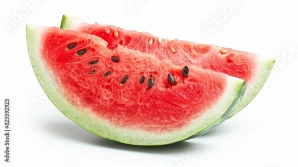 Fototapeta Close-up of a fresh watermelon slice, juicy red flesh and seeds visible, isolated on white background, studio lighting