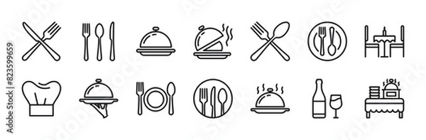Fototapeta Catering thin line icon set. Containing fork, spoon, knife, plate, cloche, tray, chef hat, beverage, food, dining table, and waiter. Cutlery or tableware in restaurant. Vector illustration