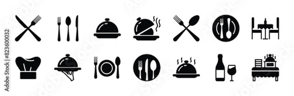 Fototapeta Catering icon set. Containing fork, spoon, knife, plate, cloche, tray, chef hat, beverage, food, dining table, and waiter. Cutlery or tableware in restaurant. Vector illustration