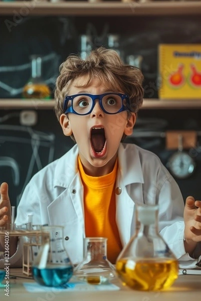 Obraz New scientific discoveries. Smartboy scientist screams