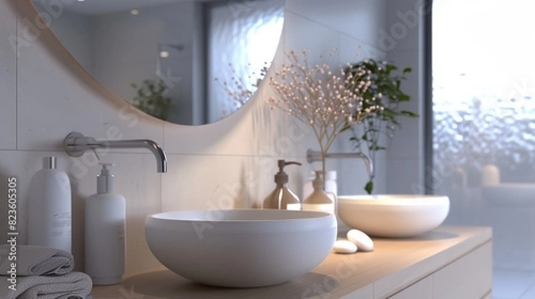 Fototapeta a bathroom with a sink and a mirror