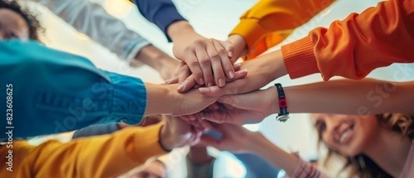 Fototapeta Employees engaged in a collaborative team-building workshop. Isolated background, bright colors, minimalist style, space for text.