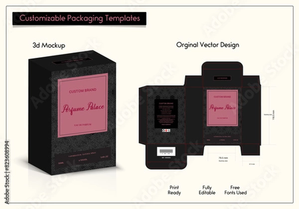 Fototapeta Box packaging die-cut template design. 3d mock-up of colorful and creative box design frames, for packaging, and design of Fragrance Box products Isolated on the background. vector illustration