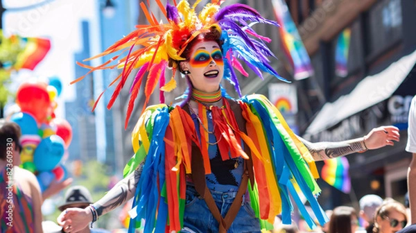 Obraz A person on stilts dressed in rainbow colors at a pride parade