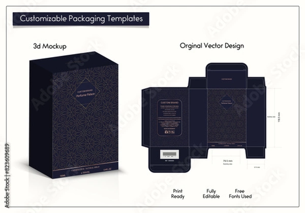 Fototapeta Box Design elements, luxury box labels, icons, frames, packaging, and design of Fragrance Box products. for perfume,soap, Made with golden foil.Isolated on a black background. vector illustration
