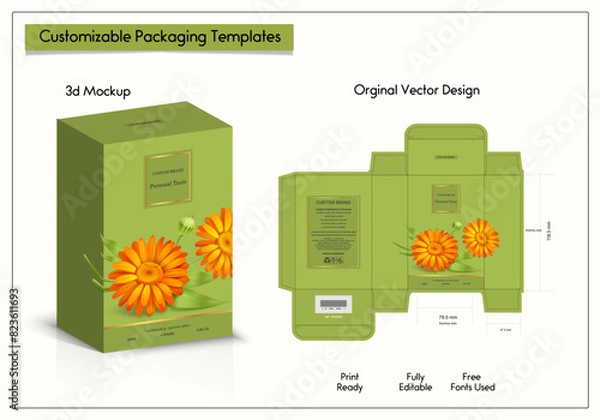 Fototapeta Premium Perfume Packaging Design Luxury 3d Box die line, Box Mockup labels, frames and Design elements, 3d Illustration, Vector design Template.