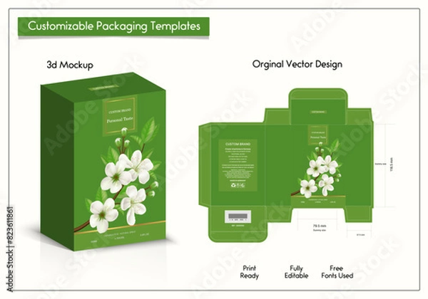 Fototapeta Premium Perfume Packaging Design Luxury 3d Box die line, Box Mockup labels, frames and Design elements, 3d Illustration, Vector design Template.