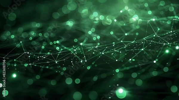 Fototapeta Abstract green digital background featuring interconnected lines and dots forming a futuristic network or web design.