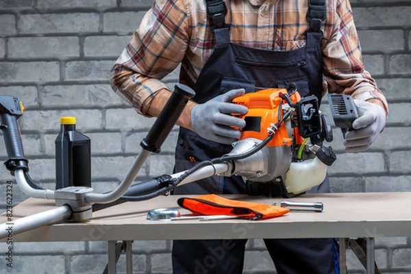 Obraz Mechanic repairing strimmer at workshop. Small business.