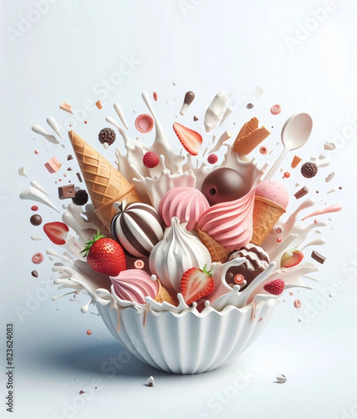 Fototapeta A delicious explosion of ice cream on a white background, with space for text.