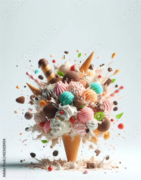 Fototapeta A delicious explosion of ice cream on a white background, with space for text.