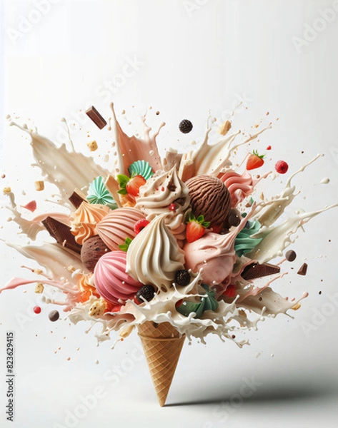 Fototapeta A delicious explosion of ice cream on a white background, with space for text.