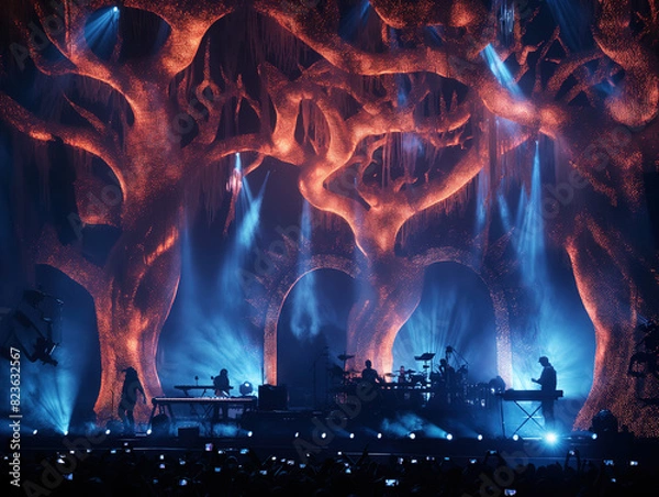 Fototapeta An epic rock band concert stage design made of trees and roots, with blue lights shining through orange vines that glow in the dark, a crowd is watching on their seats.