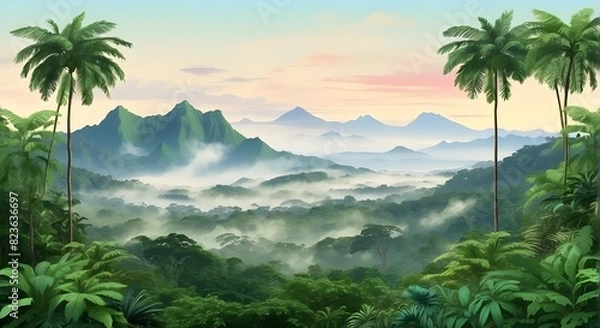 Fototapeta Lush Green Tropical Rainforest Landscapes with Misty Mornings, Search for More: Exploring the Beauty of Tropical Rainforest Scenery, Unlock More: Captivating Views of Misty Tropical Rainforest Landsca