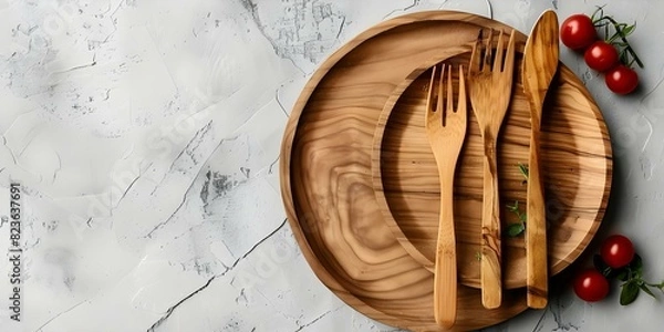 Fototapeta Ecofriendly disposable utensils wooden plates forks and cardboard paper for picnics. Concept Picnic supplies, Eco-friendly utensils, Disposable plates, Wooden forks, Cardboard paper