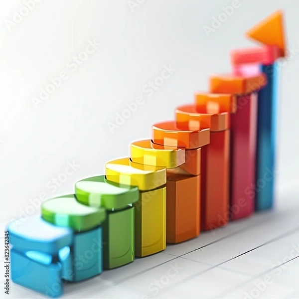 Fototapeta Colorful 3D bar graph with an upward arrow, representing business growth and success, suitable for presentations and data visualizations.
