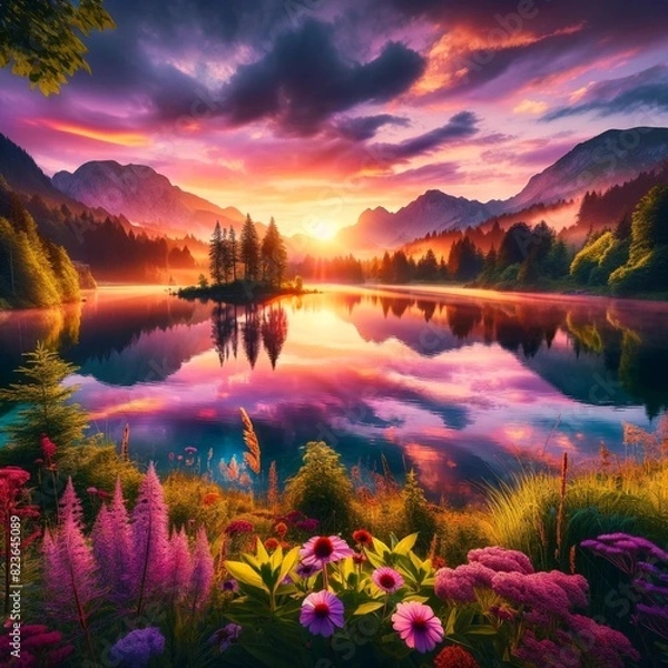 Fototapeta 幻想的な夕暮れの湖畔風景