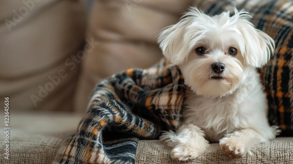 Fototapeta A cute puppy is sitting on the sofa, wearing soft and warm plaid with soft fur texture.