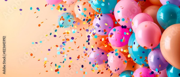 Fototapeta Pink background filled with balloons and confetti, banner