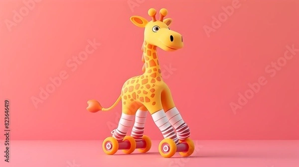 Fototapeta Cheerful Giraffe Figurine on Colorful Roller Skates Playful Toy for Imagination and Joy