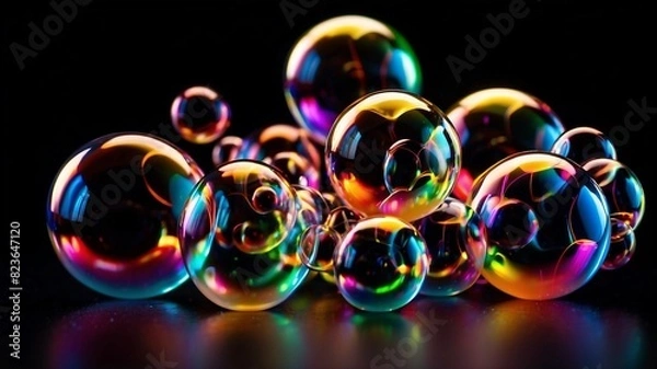 Obraz 黒背景に浮かぶカラフルなシャボン玉