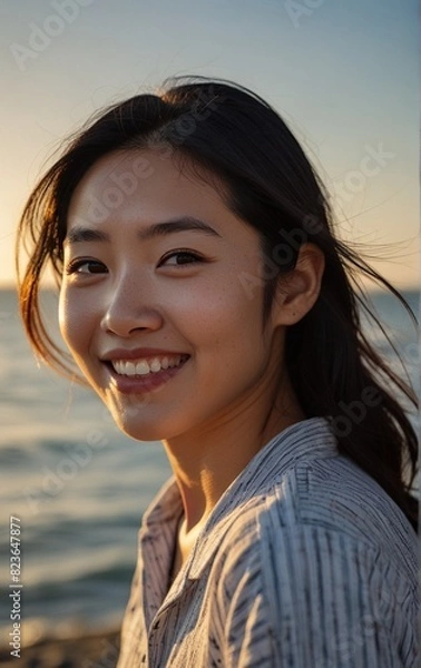 Fototapeta 海辺で微笑む女性のサマーショット