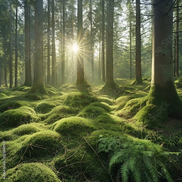 Obraz Sun shines through light spruce forest, soil overgrown with moss and fern, mountain range Deister, Lower Saxony Highlands, Niedersachsen, Germany, Europe