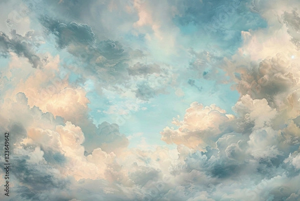 Obraz A soothing tapestry of sky blue and soft gray oil paint clouds, evoking the tranquil spirit of a cloudy day.