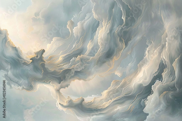 Obraz A subtle flow of ash grey and pale gold oil paint clouds, mingling like the soft whispers of an early dawn.