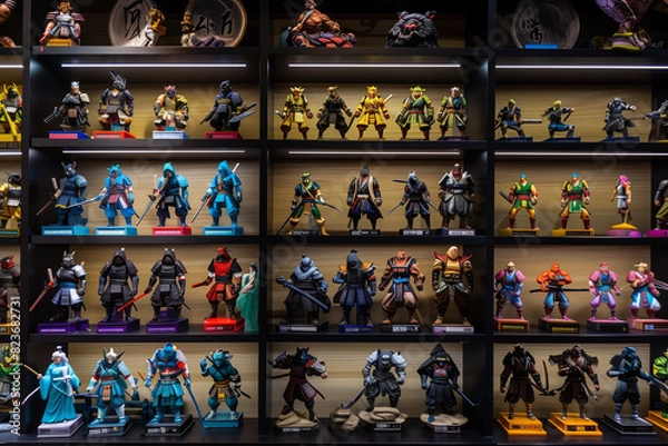 Fototapeta Colorful Display of Action Figure Collection in Shelves.