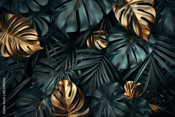Fototapeta dark green and gold tropical leaves on a black background, vector illustration, detailed, elegant design, luxurious wall art in the style of tropical leaves.