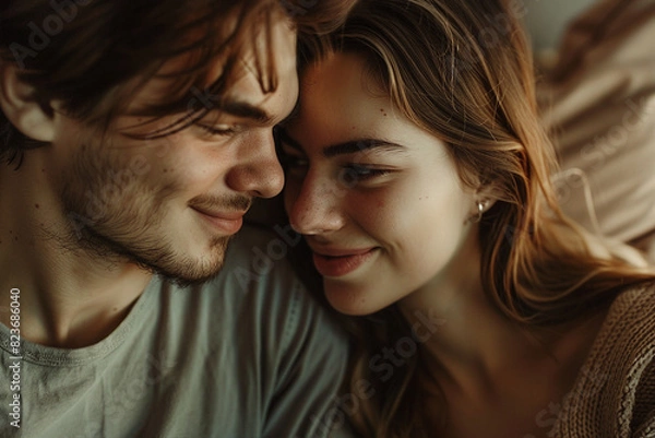 Fototapeta Generated with ai image of a happy loving enamored people enjoying each other indoors