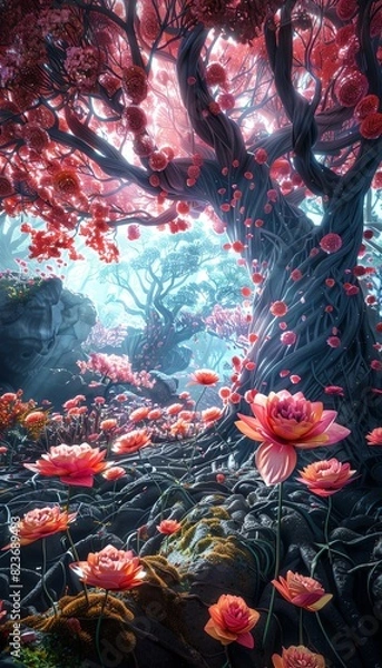 Fototapeta Bring Worms-eye view Love to life through CG 3D rendering, portraying a fantastical world where giant flowers bloom overhead, and intricate patterns of roots and insects symbolize loves interconnected