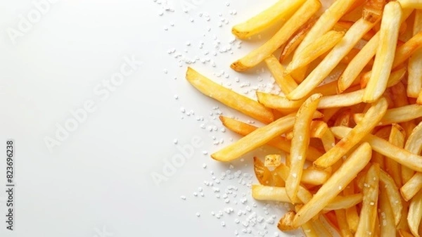 Obraz A pile of crispy golden french fries sprinkled with salt on white background.