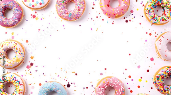Fototapeta Illustration of multi-colored donuts covered with icing and confetti on a white background, with free space for text in the center. Perfect for National Donut Day celebrations and promotions.