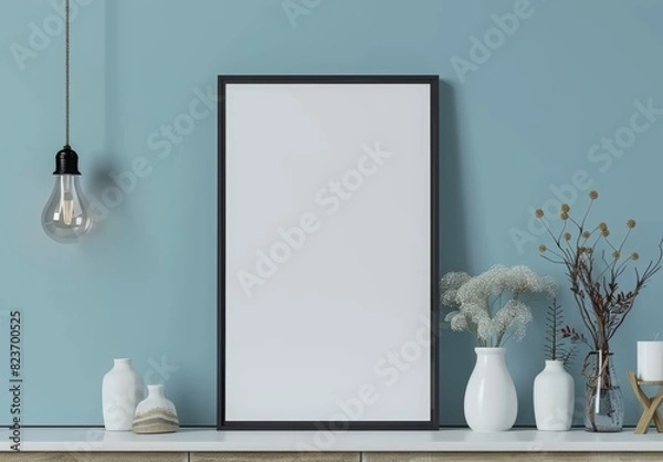 Fototapeta empty vertical picture frame on a table, a blank poster mockup template with space for copy text in the style of modern interior design home decor, with a blue wall background, hanging light bulb lamp