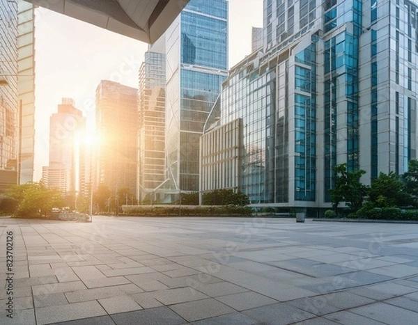 Fototapeta Modern office walls of business building with sunlight reflection on window glass