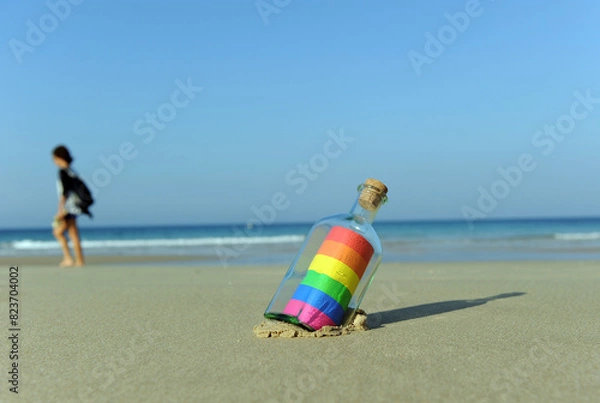 Obraz LGTBQ pride message in a bottle on the seashore. Defocused person walking on the beach
