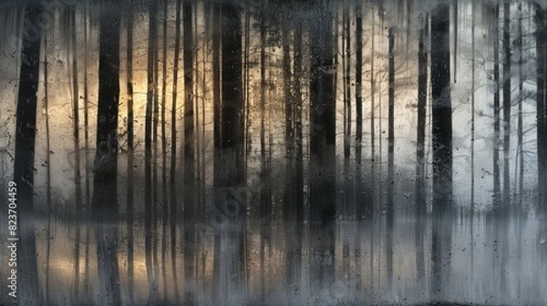 Fototapeta Enigmatic forest at dusk with shimmering reflection and mystical atmosphere