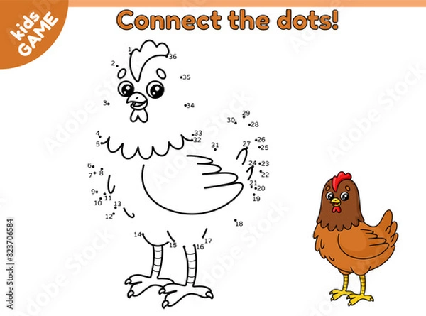 Fototapeta Dot to dot game for children. Connect the dots by numbers, draw a cartoon chicken and color it. Educational puzzle for school kids. Activity page with cute hen. Vector baby illustration of farm bird.