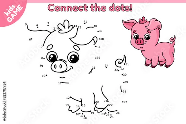 Fototapeta Dot to dot game for children. Connect the dots by numbers, draw a cartoon pink small pig and color it. Educational puzzle for school kids. Page with cute piglet. Vector illustration of farm animal.