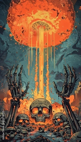 Fototapeta Atomic war with a nuclear bomb, the military destroys the earth, a world conflict between nuclear powers.